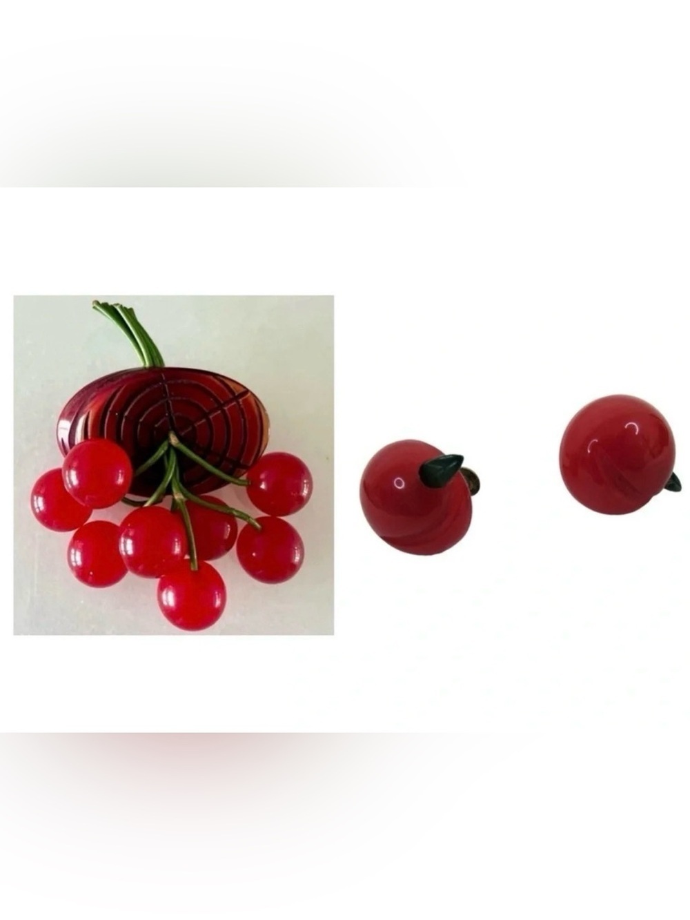 BAKELITE SET Vintage 1930s Art Deco 8 Red Cherries on Log Brooch Pin & Earrings